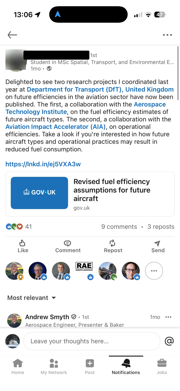 Original LinkedIn post sharing the DfT reports, with name and profile photo redacted