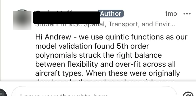 Response defending the quintic fit, with name and profile photo redacted