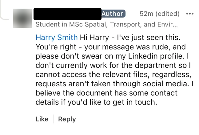 Reply asking not to swear on LinkedIn, with name and profile photo redacted
