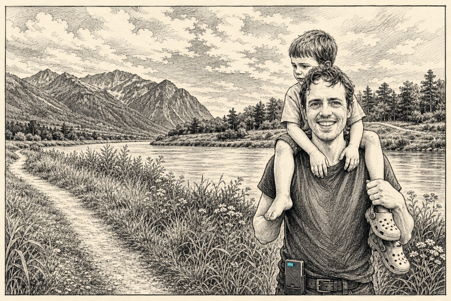 A cartoon of Harry by an alpine river with his small son sitting on his shoulders, both smiling. Mountains in the distance. A phone clipped to his belt shows a charge indicator at the end of the day.