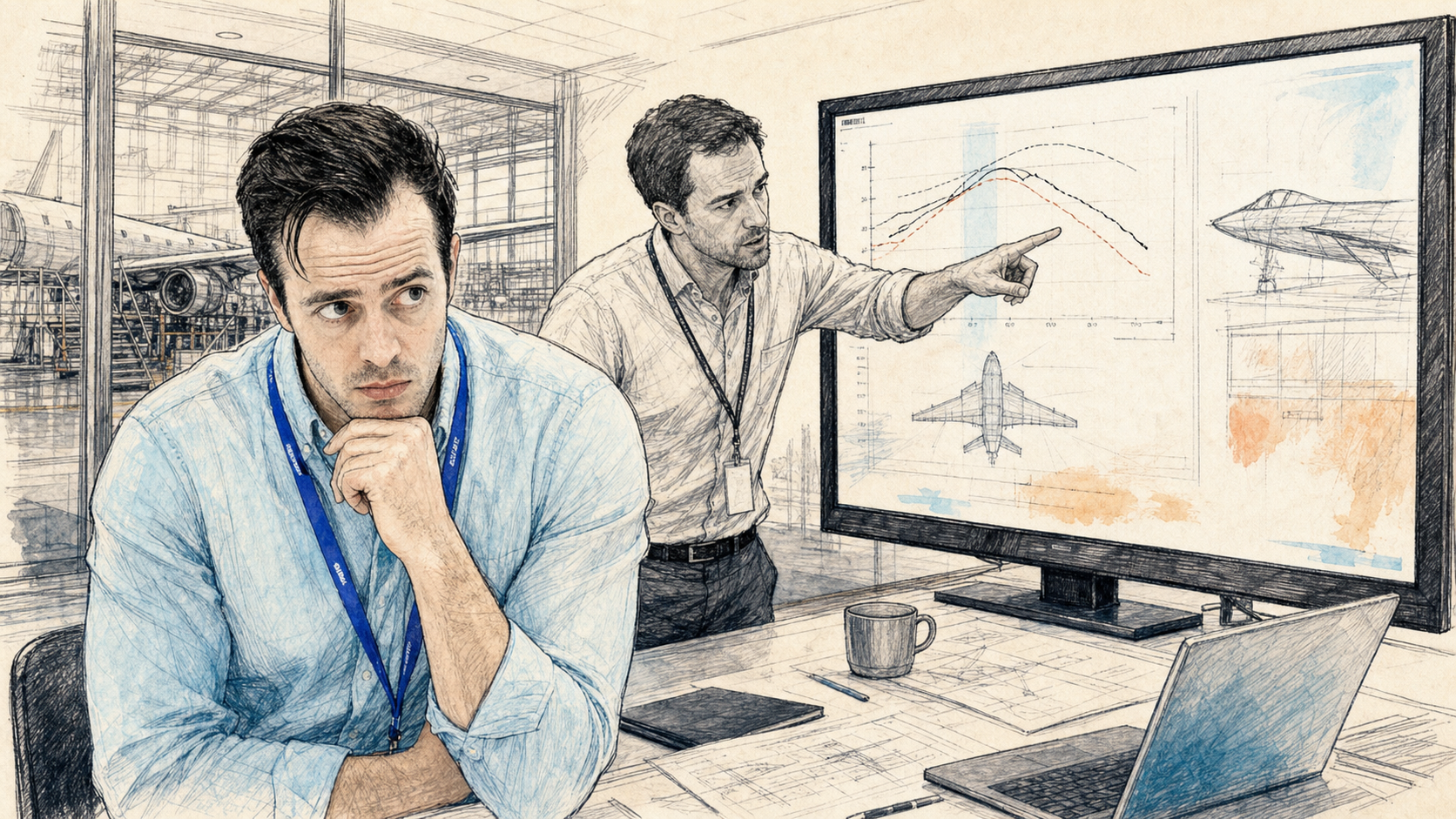 Harry looks frustrated as a cert engineer asks whether a hinge-moment plot is still valid after the latest configuration change.