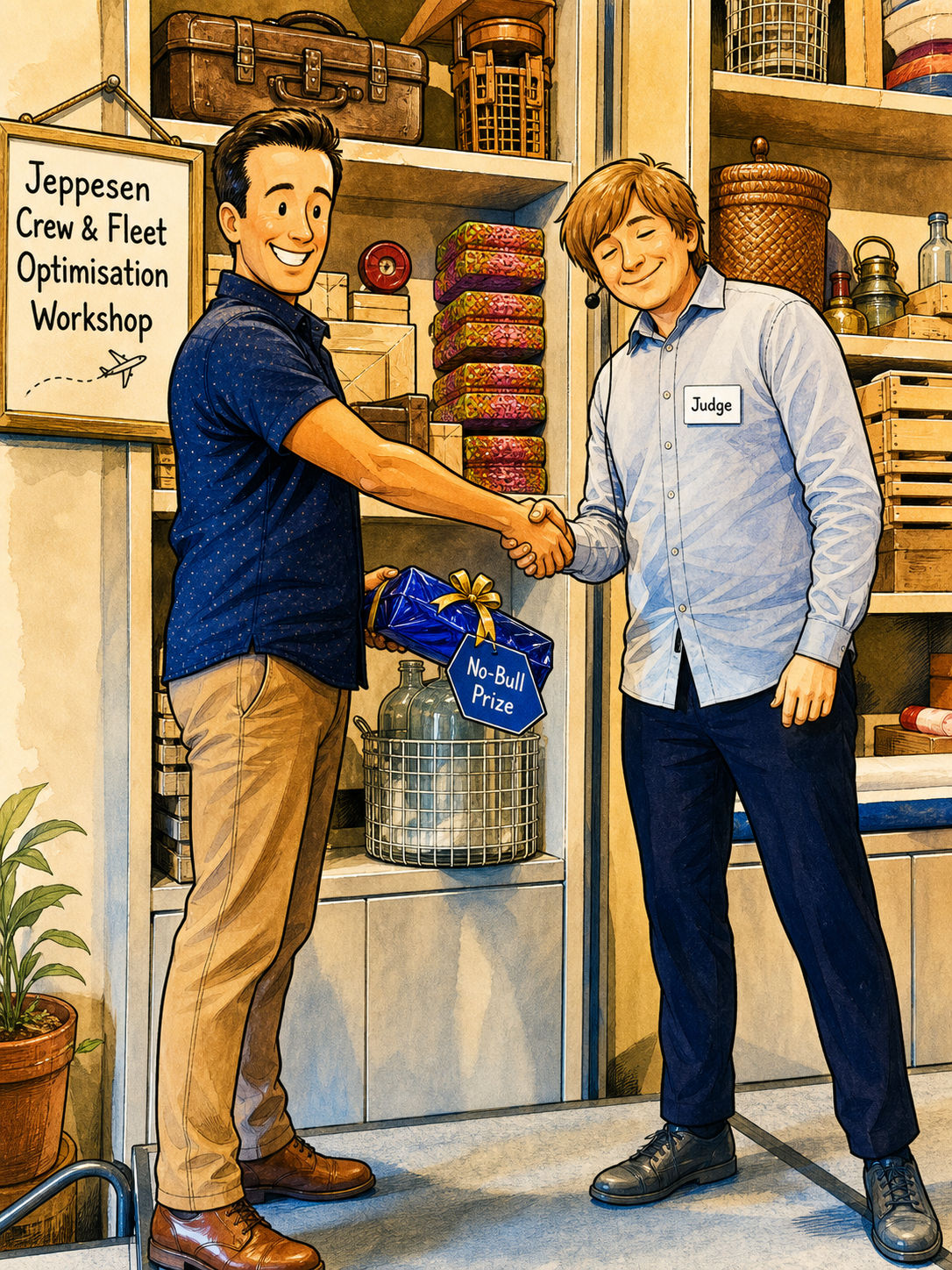 Editorial cartoon of Harry shaking hands with a judge while receiving a blue No-Bull Prize package at a Jeppesen Crew and Fleet Optimisation Workshop