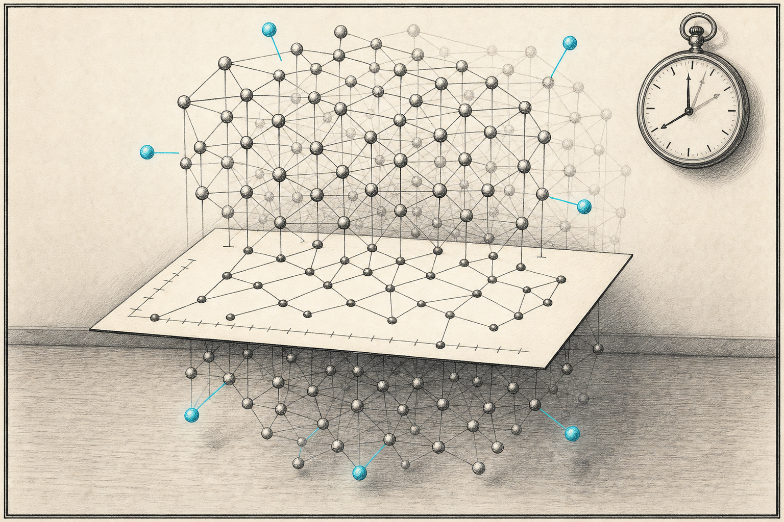 A 3D lattice of connected nodes runs through a flat sheet of paper. The paper shows only the dots where the lattice crosses it; the rest of the structure floats above and below. A pocket-watch ticks in the corner.